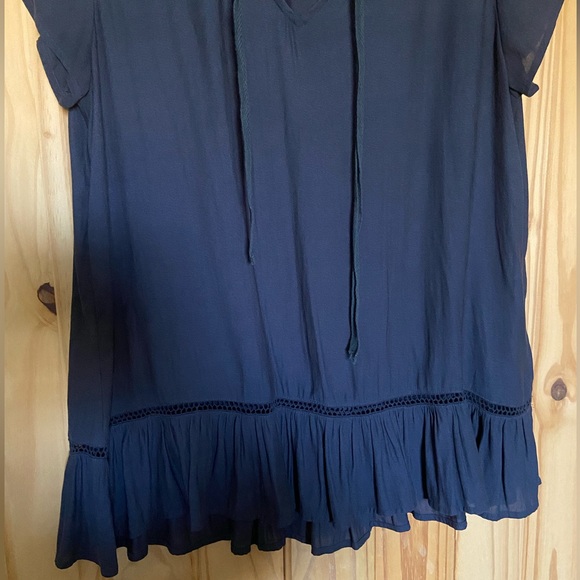 Short Sleeve Ruffle Sheer Top - Navy Blue - Picture 3 of 4